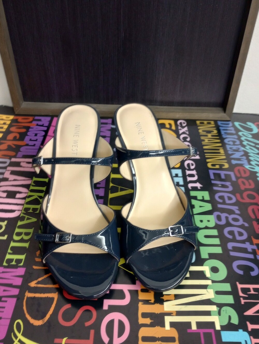Nine West Navy Blue Patent Chrome Heels!.